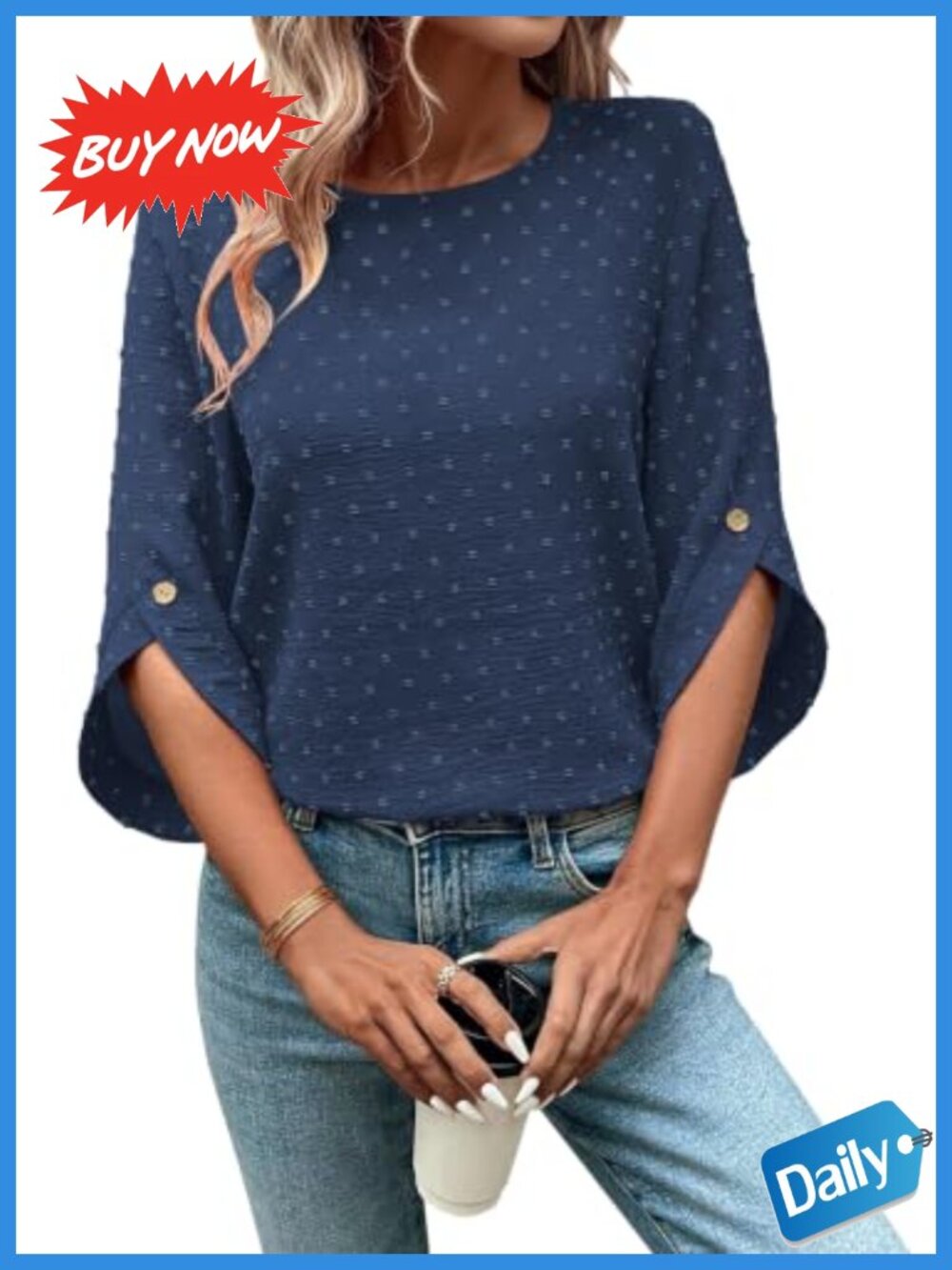 Womens Swiss Dot 3/4 Sleeve Blouse Crew Neck Dressy Casual Tunic Top